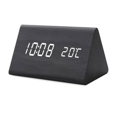 Triangular Desktop Digital Wake-Up Clock, Dimmable LED Display with Ambient Temp & Date Readout, Dual Power Supply Multi-Alarm Timepiece