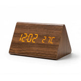 Triangular Desktop Digital Wake-Up Clock, Dimmable LED Display with Ambient Temp & Date Readout, Dual Power Supply Multi-Alarm Timepiece
