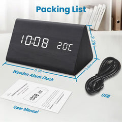 Triangular Desktop Digital Wake-Up Clock, Dimmable LED Display with Ambient Temp & Date Readout, Dual Power Supply Multi-Alarm Timepiece