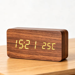 Minimalist LED Digital Alarm Clock with Sound Activated Wake Mode, Multi-Brightness Dimmer & Indoor Temperature Readout for Bedroom & Desktop Use