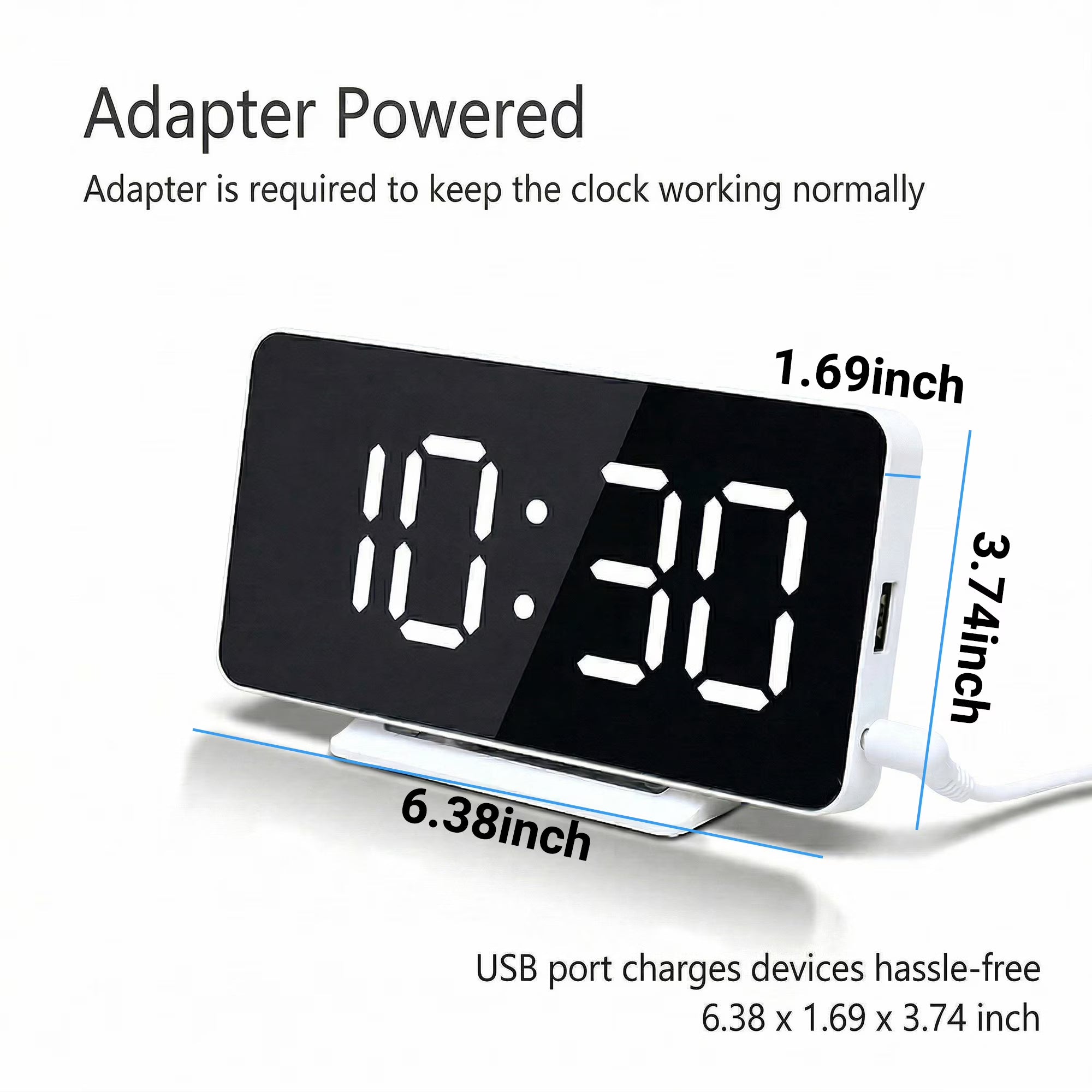 Mirror Surface Led Digital Wake-Up Clock, Built-In Device Charging Port, Dual Independent Wake Alarms With Adjustable Screen Brightness & Snooze Feature