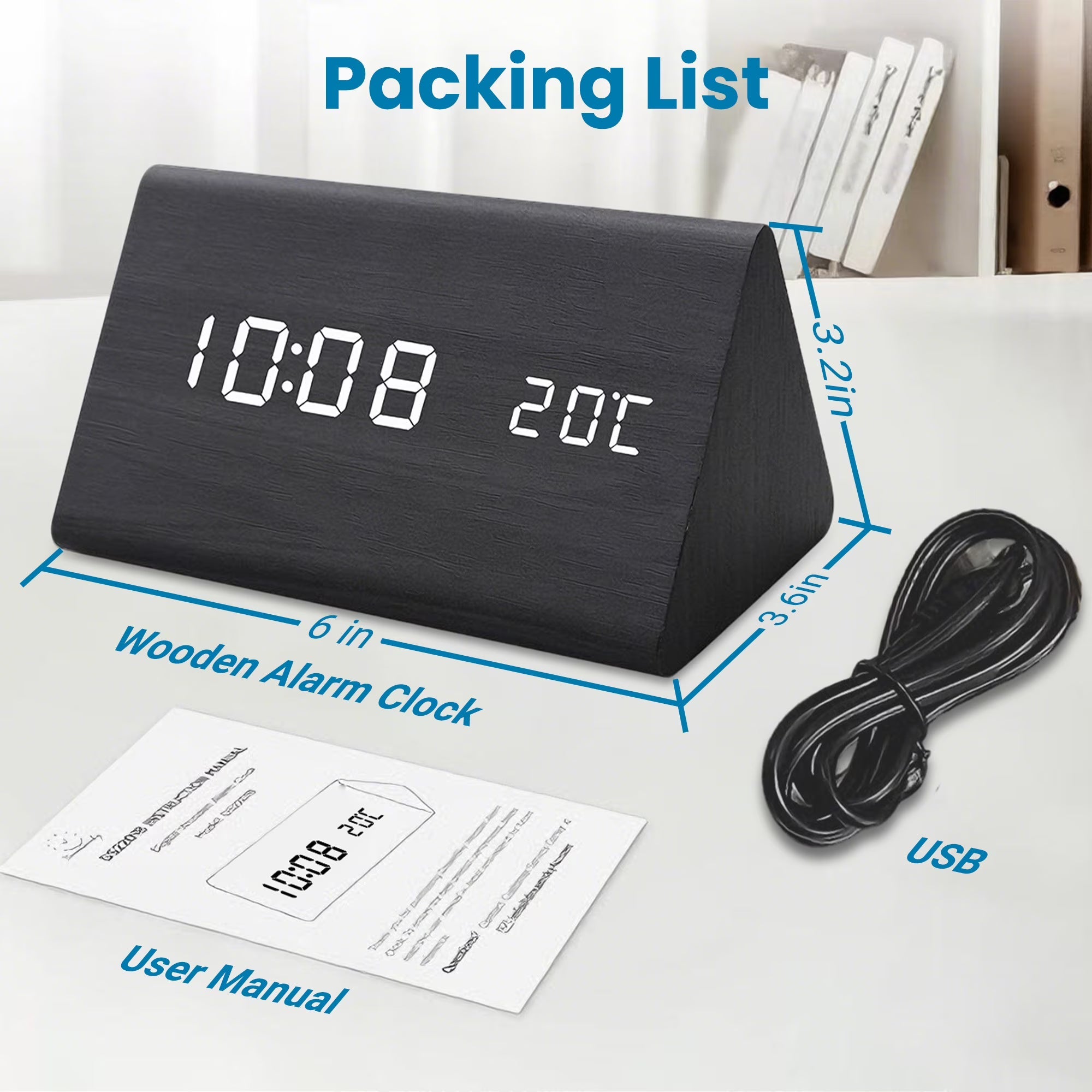 Triangular Desktop Digital Wake-Up Clock, Dimmable LED Display with Ambient Temp & Date Readout, Dual Power Supply Multi-Alarm Timepiece